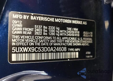 2013 BMW X3 xDrive28I из США, поврежденный, VIN 5UXWX9C53D0A24608